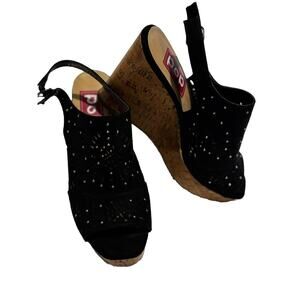 Pop Comfort Fit Odette Black Studs Wedge Cork Sandals Shoes Womens Sz 8.5 boho